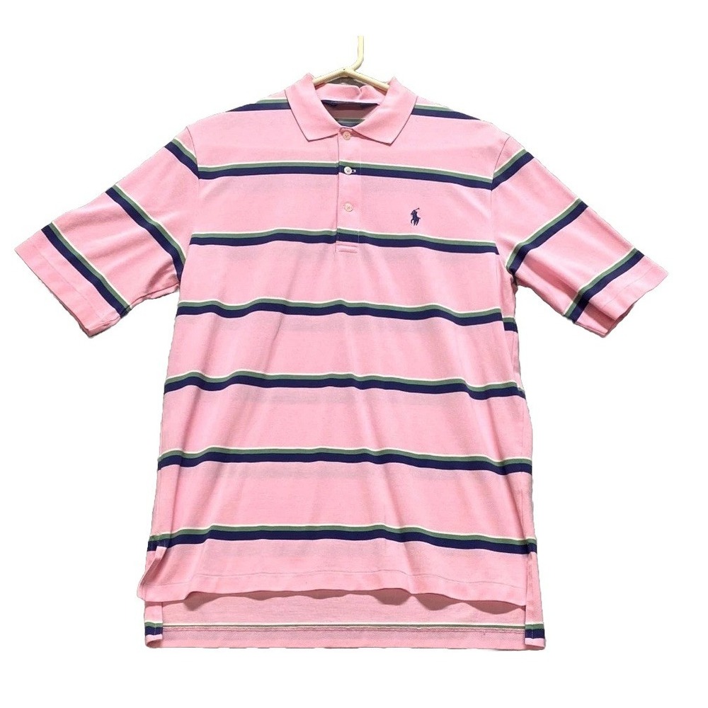 Polo Ralph Lauren Golf Polo Shirt Mens S Pink Blue Striped Cotton High Low Hem